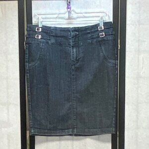 One 5 One Extra Wide Waist Side Buckles Slit Denim Jean Pencil Skirt Dark Wash M